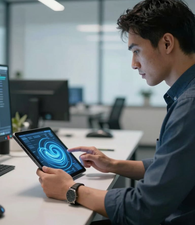Professional North American office setting. A data scientist in business casual attire looking at a tablet showing abstract blue light trails. Soft lighting, tech-focused mood with dark blue and white palette.