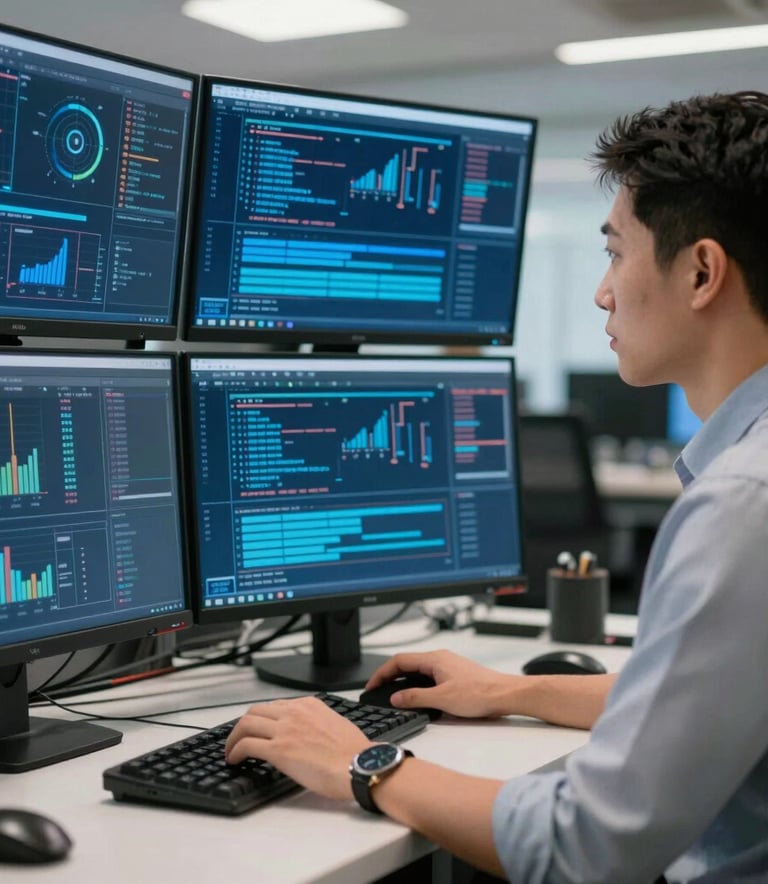 A professional data analyst in an international corporate environment looking at a multi-monitor setup featuring complex secure network traffic patterns in vibrant blue and navy hues.