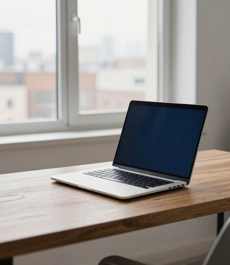 A clean, minimalist home office in a North American city. A sleek laptop on a wooden desk with a large window in the background letting in soft natural light. Atmosphere of efficiency and focus, including colors like off-white and dark blue.