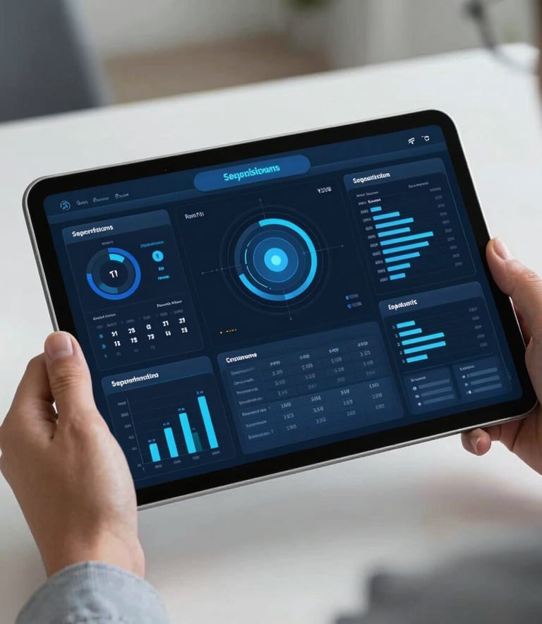 A sleek, professional photograph of a high-tech tablet screen displaying a security dashboard with navy and steel blue data visualizations, held by a person in a modern North American office setting.