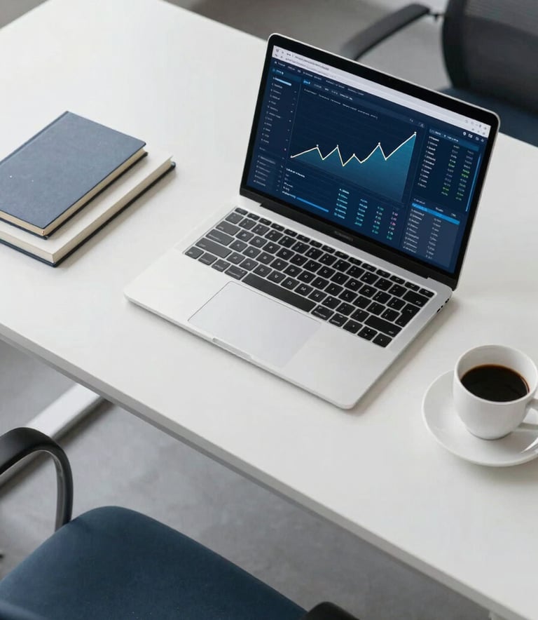 A top-down view of a minimalist, modern office desk with a clean laptop showing a data dashboard with rising charts, a notebook, and a coffee cup, in a bright North American office with soft natural lighting and sophisticated blue and white accents.