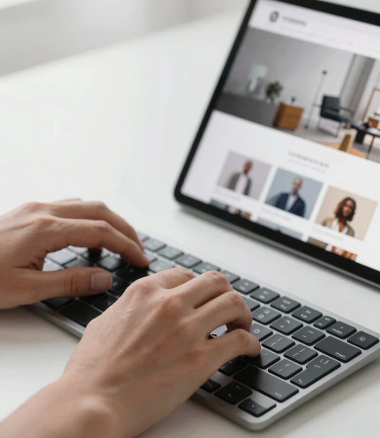 A close-up of a professional's hands working on a sleek keyboard with a tablet nearby displaying a clean, modern website layout. The setting is a bright, minimalist studio with a focus on sophisticated technology and efficiency.
