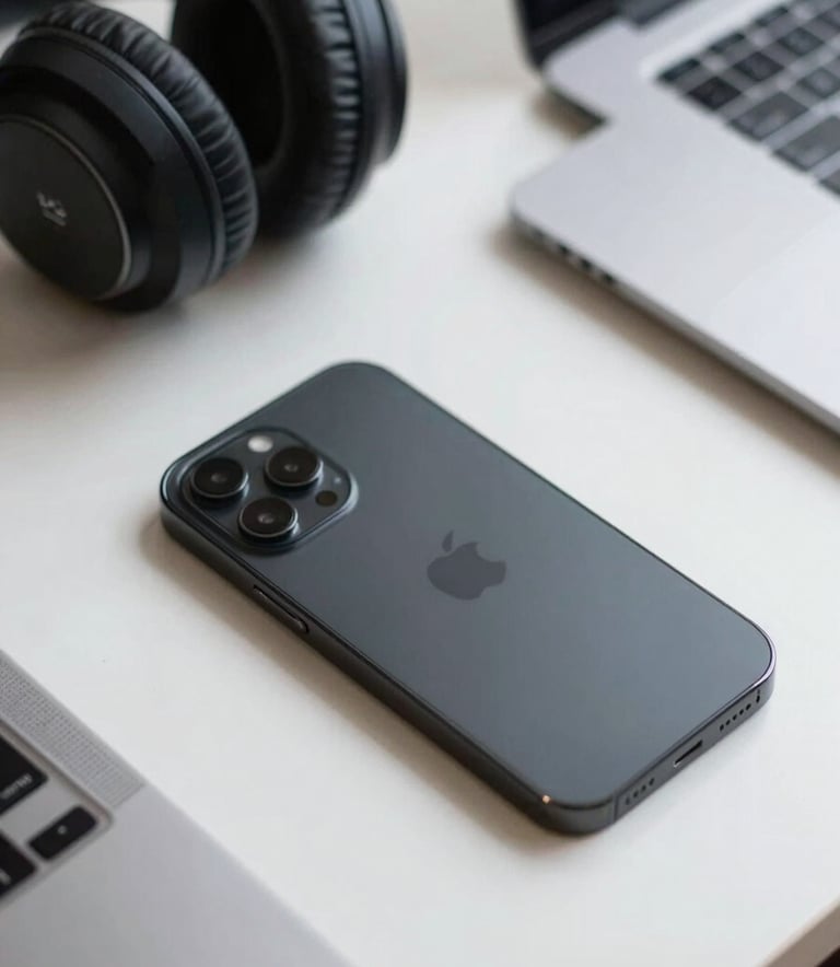 A sleek, close-up photograph of modern tech equipment on a white desk, including a designer smartphone and high-end headphones, representing a professional and efficient digital workspace, North American international style.