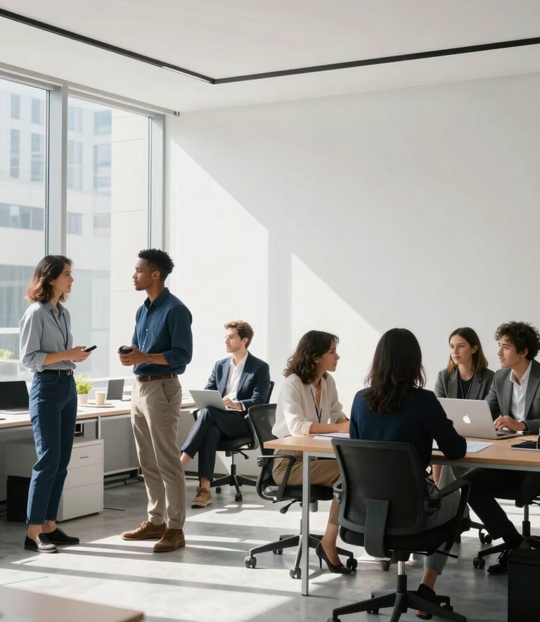 A high-end, minimalist professional office space in a North American city. A diverse group of marketing professionals in business casual attire are collaborating in a bright, sunlit room with clean white walls and modern furniture.