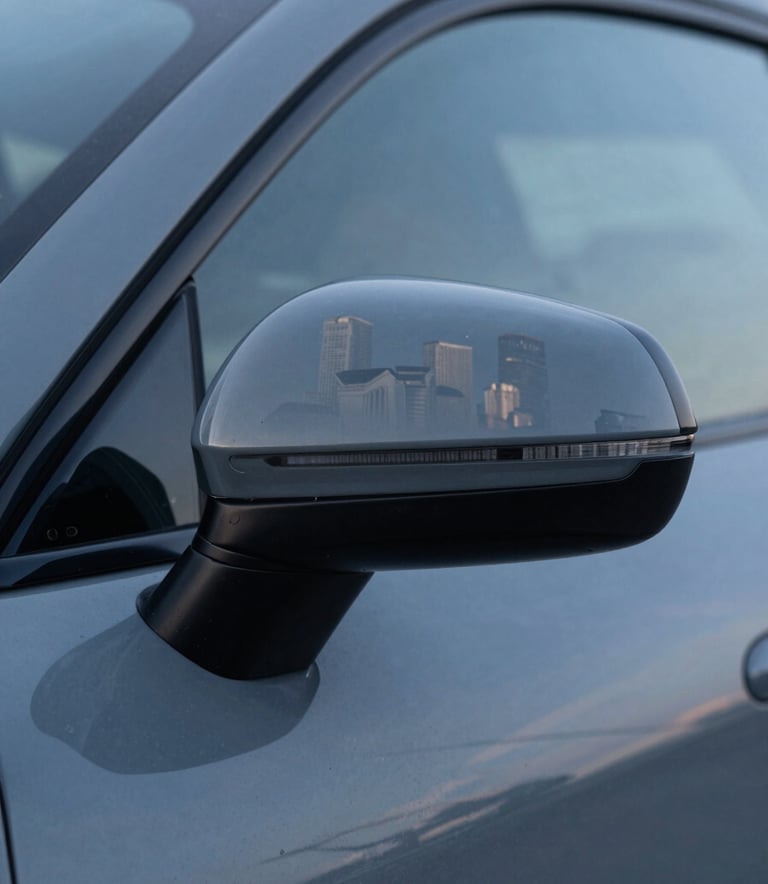 A close-up, shallow depth-of-field photograph of a Mist Grey luxury sports car's side mirror reflecting a modern North American / US city skyline at dusk. The lighting is crisp and cool, highlighting the Slate Blue tones of the sky and the pristine, wax-polished finish of the car.