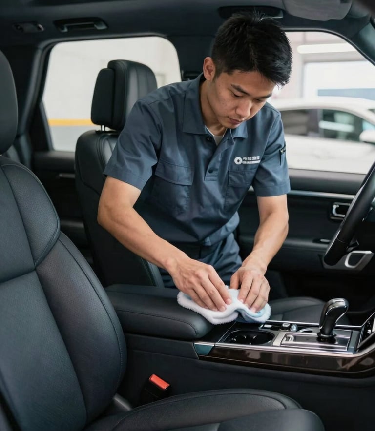A professional detailer in a clean, branded Slate Blue uniform meticulously cleaning the Deep Charcoal leather interior of a high-end SUV. The scene is set in a bright, modern North American / US garage with soft, diffused lighting that emphasizes the texture of the materials.