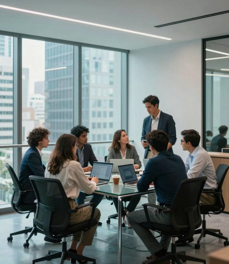 Interior of a modern tech office in a South American metropolis. A professional group in business casual attire collaborating around a glass desk. Soft cyan lighting accents. Wide shot, professional photography.