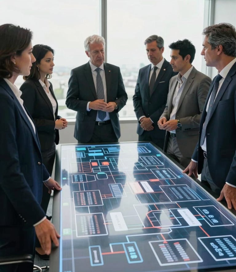 A group of professional South American / Brazilian business consultants in elegant attire, standing around a large, transparent digital display showing a complex flowchart. The setting is a bright, modern corporate boardroom with a focus on teamwork and technology.