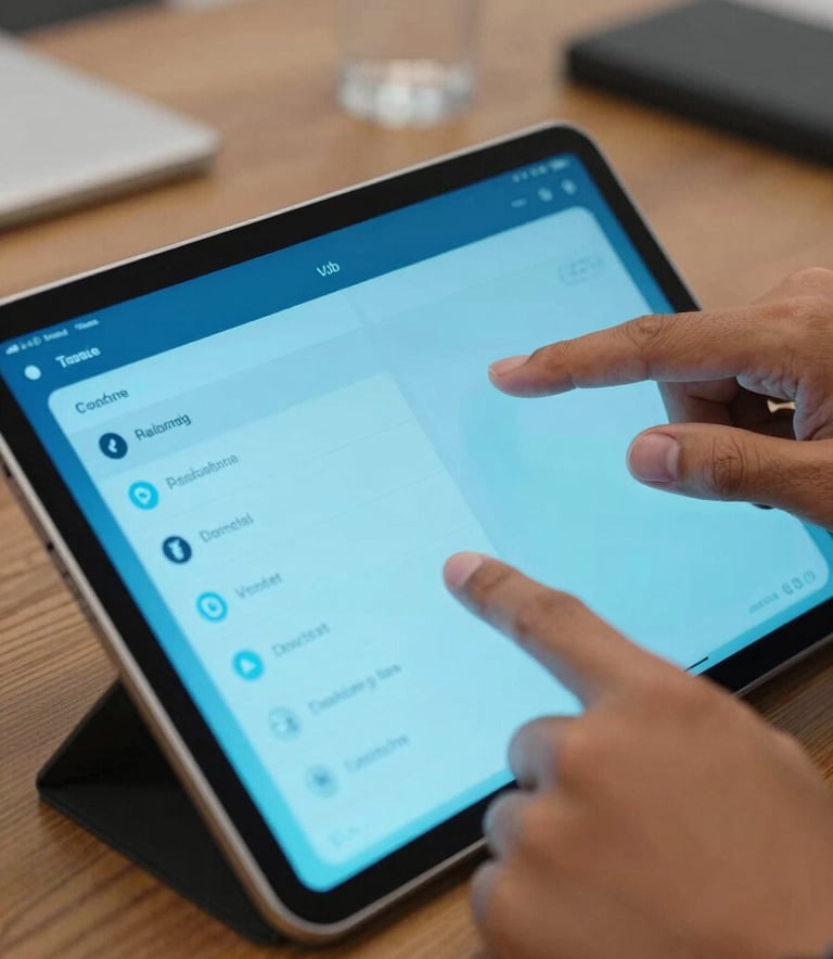 Close-up of a high-end tablet showing a clean data interface in shades of deep blue and cyan. A professional South American hand is gesturing over the screen. Elegant Brazilian office background.