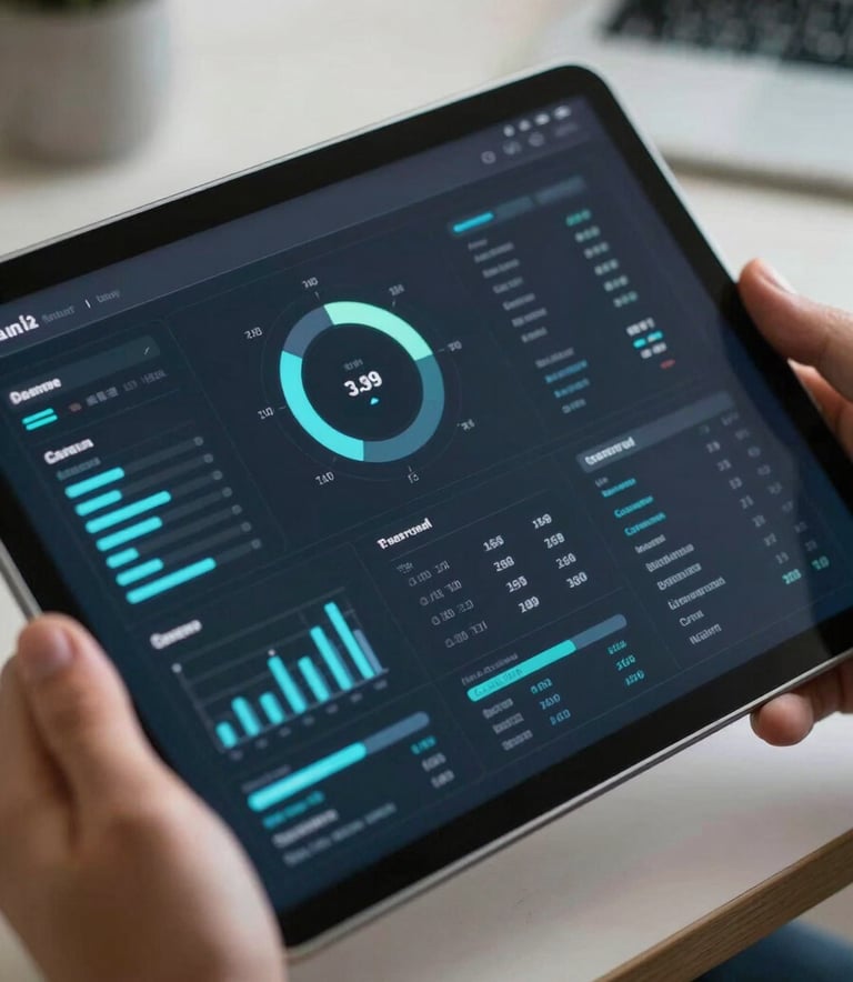 A close-up photography shot of a sleek, high-tech digital interface on a tablet screen, held by a person in a South American / Brazilian corporate setting. The interface shows clean, professional data visualization with soft cyan and dark blue glowing accents. Minimalist and premium atmosphere.