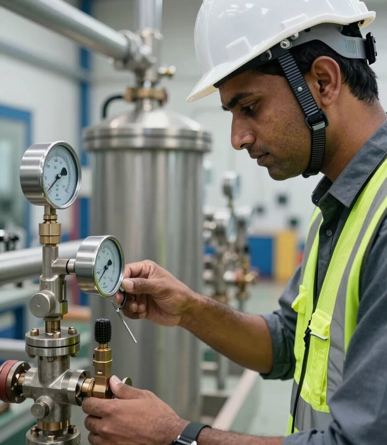Close-up photography of a professional South Asian / Indian engineer wearing a white hard hat and a high-visibility vest, inspecting a water filtration unit with stainless steel gauges and valves. The lighting is crisp and natural, highlighting the technical details of the wastewater equipment. The setting is a modern industrial facility.