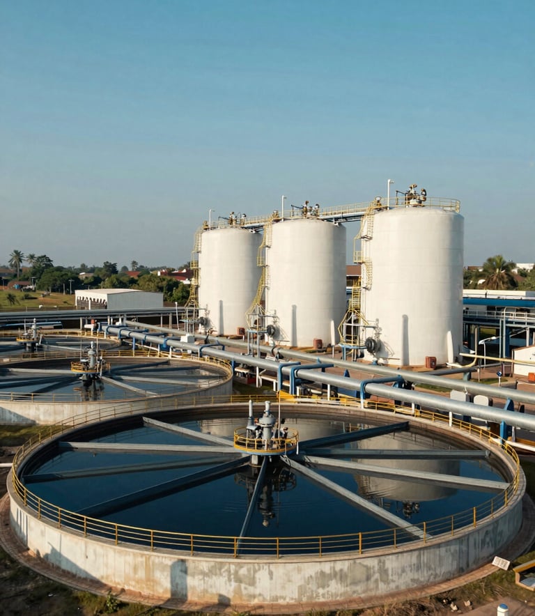 Photography of a large industrial Sewage Treatment Plant (STP) facility in South Asian / Indian outskirts. The composition is wide-angle, showing large circular tanks and steel pipes under a bright, clear sky. Professional and clean industrial aesthetic using colors like dark blue and off-white.