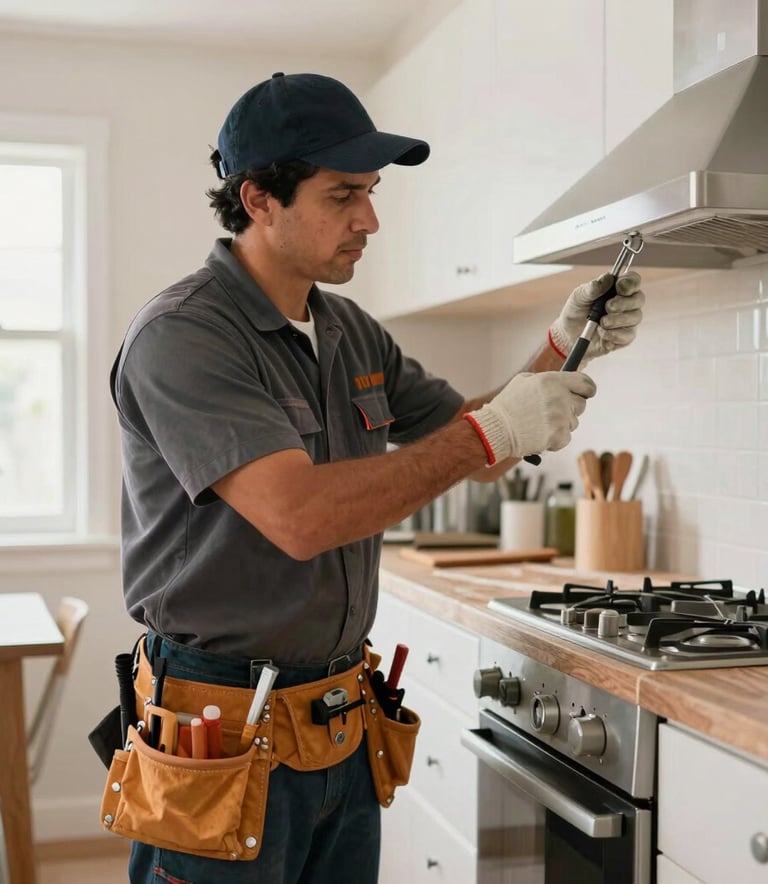 A professional handyman wearing a uniform and tool belt working on a kitchen renovation in a bright Latinoamericano home setting. High-quality lighting, professional atmosphere.