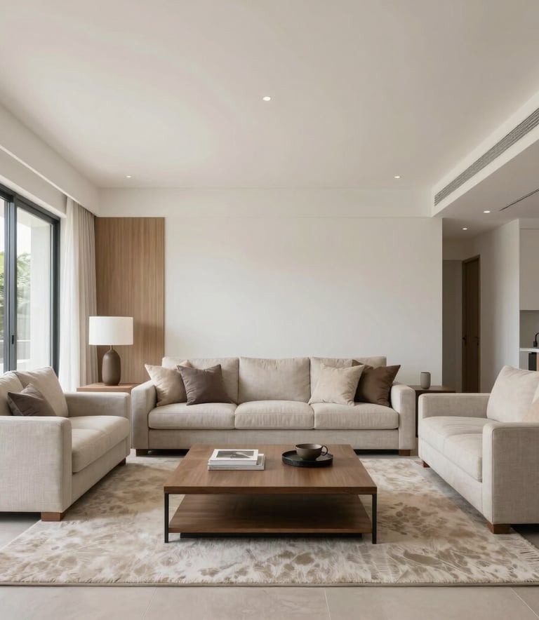 Architectural photography of a newly remodeled living room in a Latinoamericano home with modern furniture, clean lines, and soft natural light. The space features off-white walls and light beige accents.