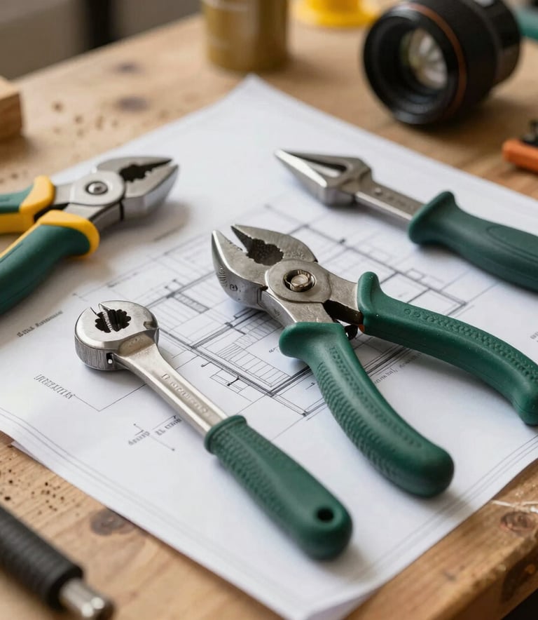 Close up of high-quality professional handyman tools and architectural blueprints on a wooden workbench, warm natural lighting, sand and muted green tones, Latinoamericano setting.