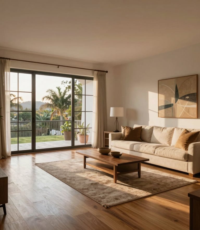 A beautifully finished open-concept living room with fresh paint and new flooring, soft evening sunlight through large windows, Latinoamericano architecture.