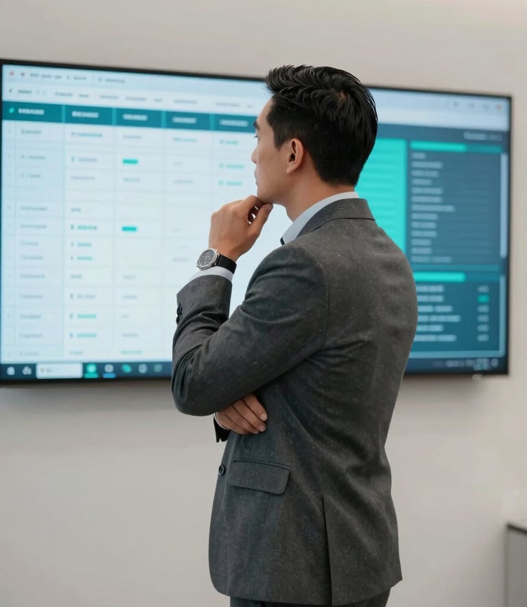 A professional man in a modern North American / Mexican urban office setting, looking thoughtfully at a large screen displaying strategic data. He is wearing professional attire in dark slate grey. The environment is minimalist with bright cyan highlights and clean, off-white walls.