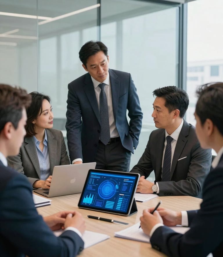 A group of professional colleagues in a bright, contemporary glass-walled boardroom in San Francisco, engaged in an intelligent discussion around a tablet showing abstract royal blue data visualizations, clean lines, professional attire, North American / US corporate style.