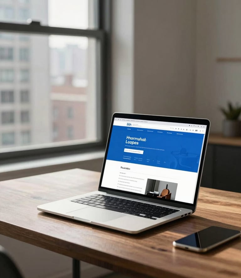 A professional, minimalist home office in a high-rise building in Chicago, soft morning sunlight streaming through windows, a sleek silver laptop on a mahogany desk displaying a clean blue website interface, professional and sophisticated atmosphere.