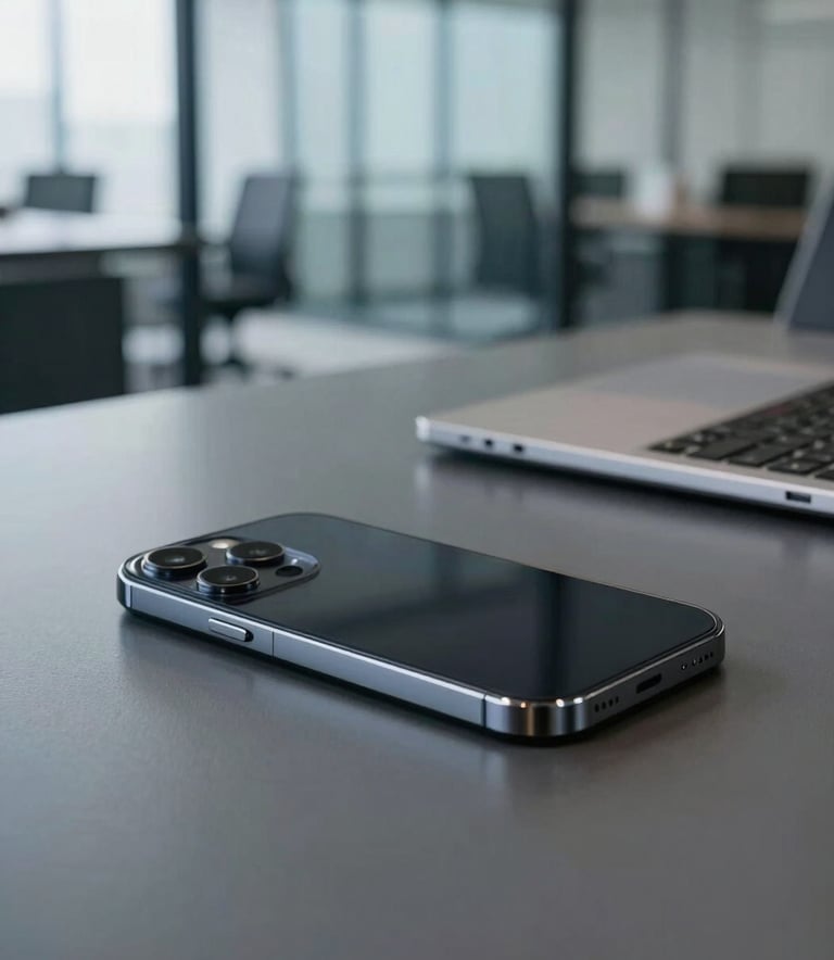 Close-up photography of a professional workspace in the US. A sleek smartphone and a tablet rest on a charcoal grey desk. The background is softly blurred, showing a modern glass-walled office with medium blue accents.