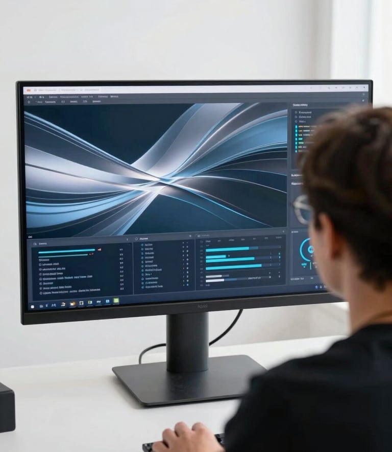 A bright, airy North American studio. A professional is seen from behind, looking at a large monitor showing an abstract, intelligent data visualization with shades of medium blue and soft silver-grey.