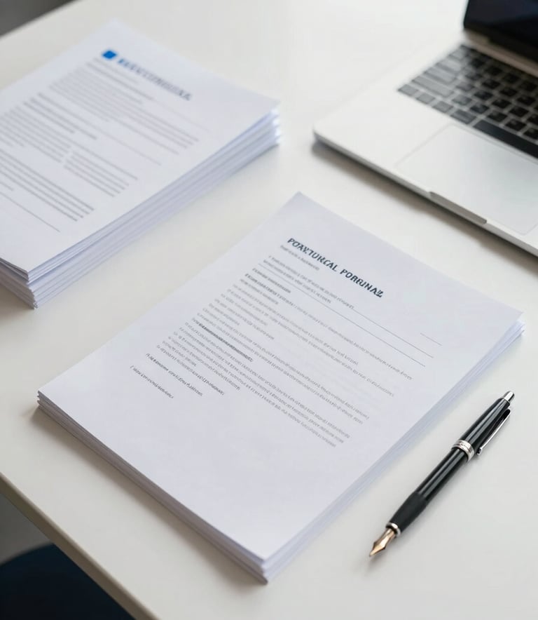 A top-down professional photograph of a clean, minimalist desk in a modern Portuguese office. There are neatly stacked white documents, a high-quality fountain pen, and a laptop. The lighting is bright and natural, reflecting a sense of efficiency and organization. The color palette features hints of Medium Blue and Off-White.