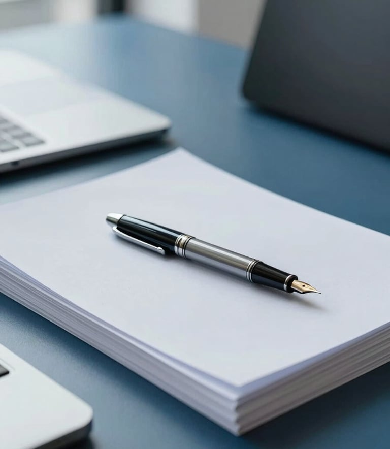 Professional photography of a minimalist workspace in a modern Lisbon office. A high-quality fountain pen rests on a stack of neatly arranged white documents. The scene is illuminated by soft natural light, featuring a palette of steel blue and soft azure white, conveying order and efficiency.