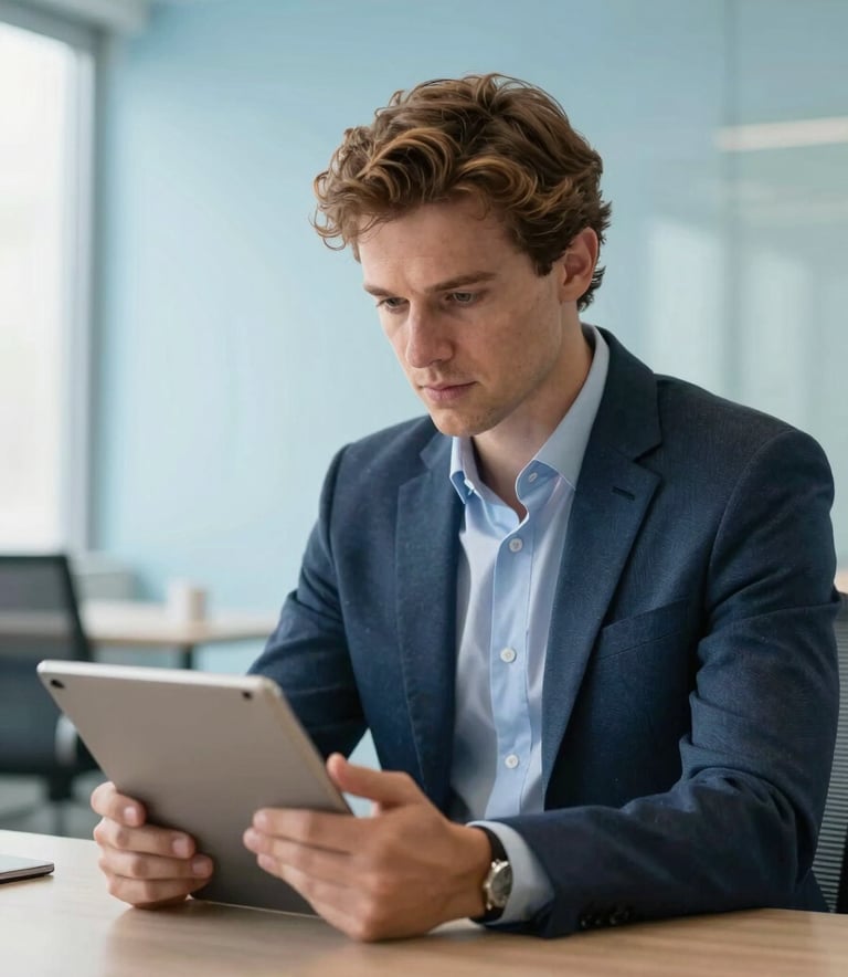 A professional in a business-casual European / Portuguese attire looking at a tablet in a bright, modern office with light blue accents. The scene conveys trust, support, and specialized administrative expertise.