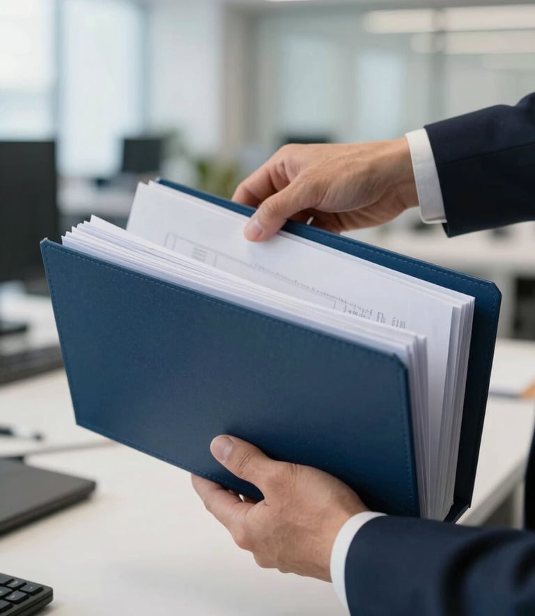 Close-up photography of professional hands organizing formal document folders in a bright, modern Portuguese office setting. The composition is clean and focused, using lighting that highlights the textures of the paper and the deep navy and sky blue tones of the office interior.