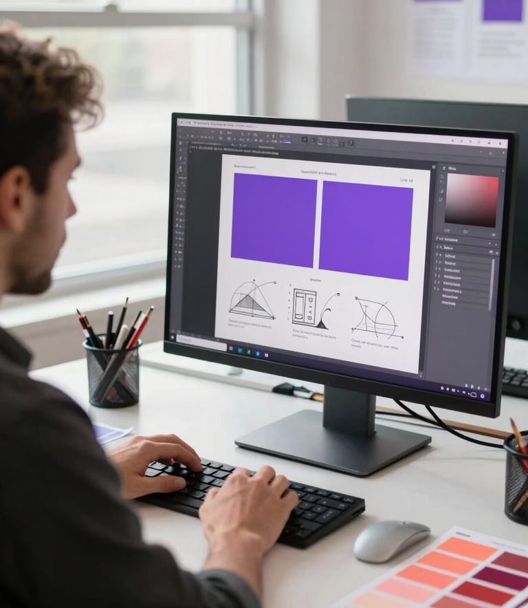 Dynamic photography of a creative workshop in North America. A professional is working on a large graphic design monitor, surrounded by brand identity sketches and vibrant purple and coral swatches. Bright, natural window light.