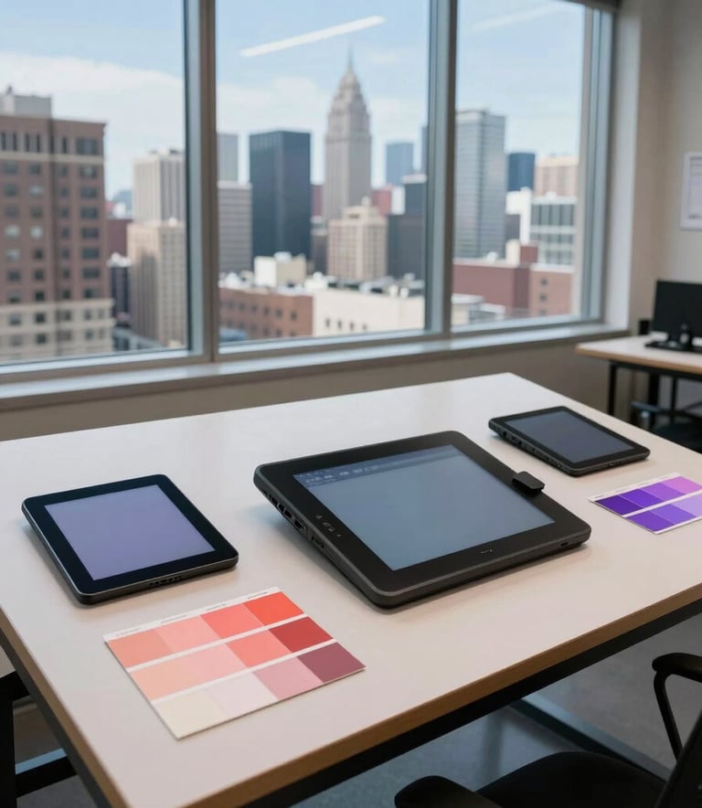 A high-angle photograph of a sophisticated design studio in a North American city. A large drafting table features high-end digital tablets and color swatches in coral and purple. Large windows reveal a city skyline under a clear blue sky, creating an inspiring and professional atmosphere.