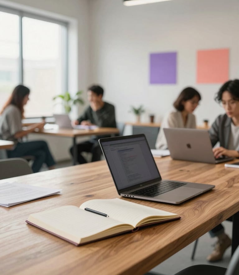 Photography of a bright, modern open-plan office in North America. In the foreground, a large wooden table holds open notebooks and a sleek laptop. In the blurred background, professionals engage in a creative workshop. The room is filled with soft, natural morning light with subtle purple and coral accents in the decor.
