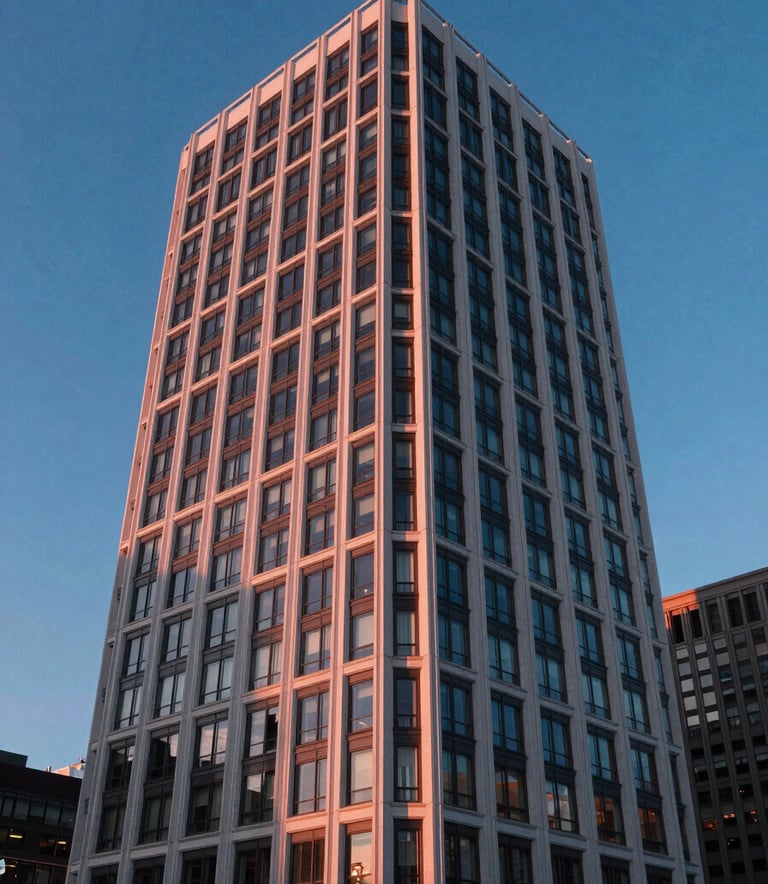 A sharp, modern photograph of an architectural landmark in a North American city, emphasizing clean lines and futuristic design. The sky is a deep blue, and the building reflects coral-tinted sunset light.