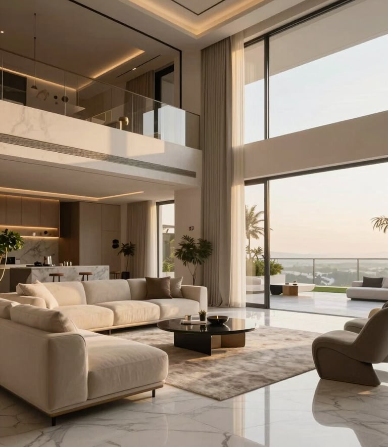 A wide-angle interior photograph of a modern, high-end villa in Dubai. The space features white marble floors and contemporary furniture, bathed in soft golden hour light coming from the terrace.