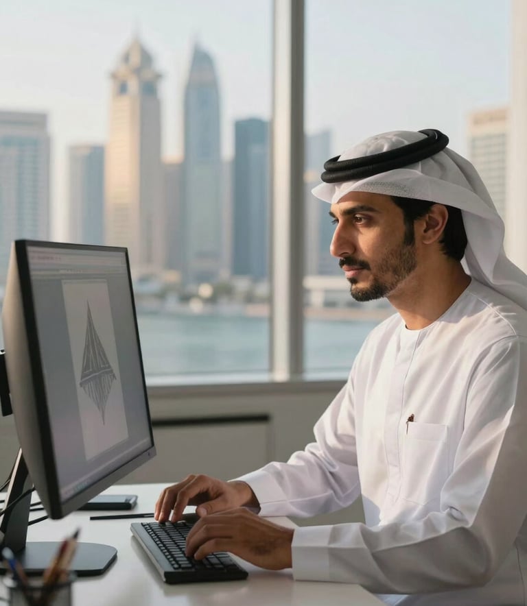 A professional designer in a sophisticated Middle Eastern / Gulf studio environment, looking at a large high-resolution monitor. The background shows a blurry cityscape of Dubai Marina in the afternoon sun.