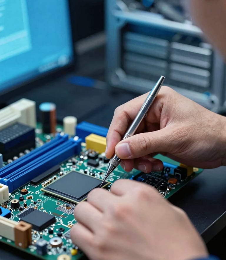 A close-up, high-detail photo of a technician's hands working on a modern computer motherboard with precision tools. The lighting is crisp and technical, featuring the brand's blues (#1F3A4B and #3E6B89) in the background reflections, conveying expertise and care.