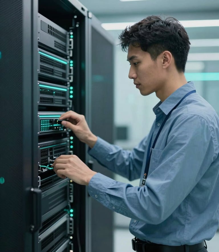A professional IT technician working on a high-tech network server rack in a clean, modern data center. The lighting is soft and professional with hints of #3E6B89 and #9ABACF, creating a reliable and high-tech atmosphere.