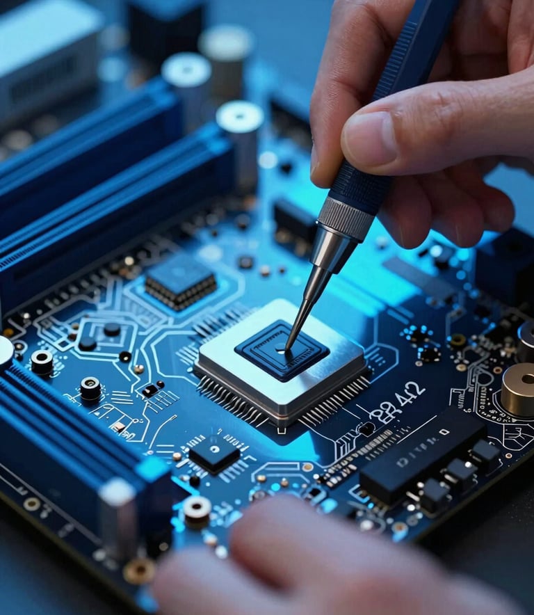 Close-up of a high-end motherboard being professionally serviced with precision tools. Sophisticated blue lighting environment reflecting the brand colors #1F3A4B and #9ABACF.