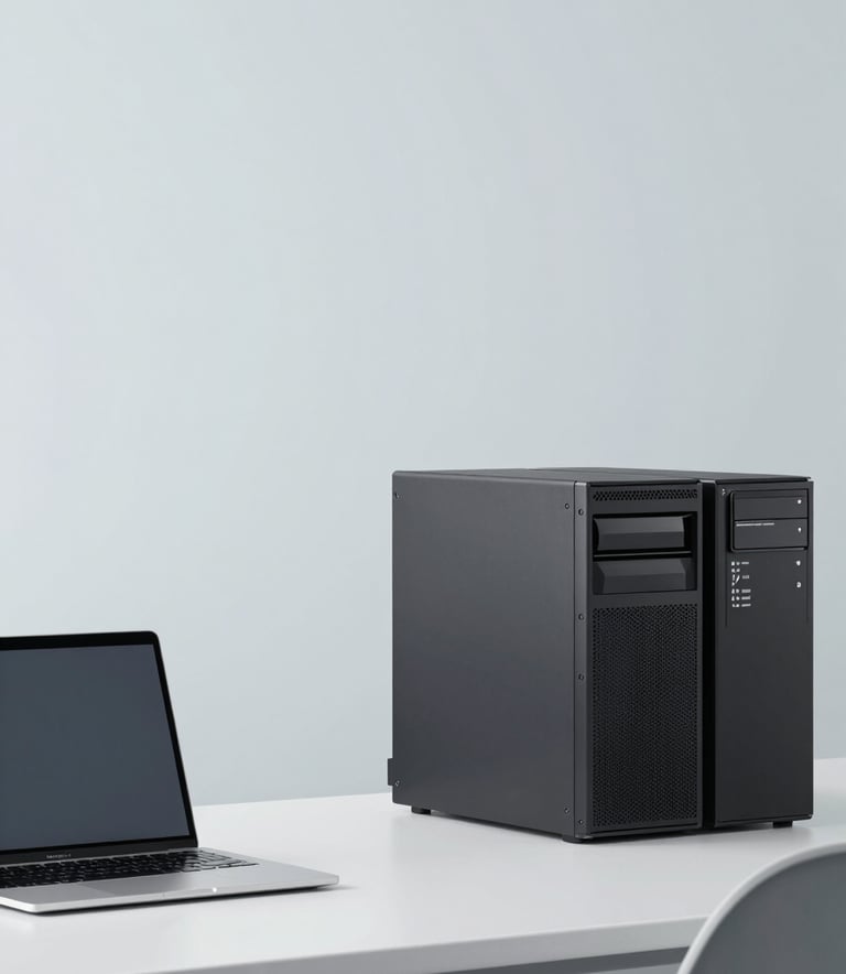 A minimalist and modern office scene showing a clean desk with a laptop and server equipment. The aesthetic is sophisticated and professional, using a palette of #9ABACF and #F4F7F8 to create a sense of trust and technological efficiency.