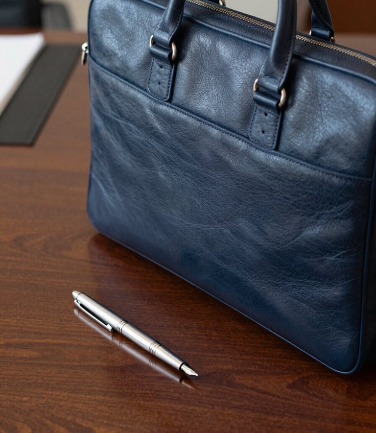 A high-quality close-up photograph of a professional leather briefcase and a silver fountain pen resting on a polished mahogany desk. The setting is a sophisticated North American corporate office in Kirkland, Washington. The lighting is soft and natural, emphasizing textures of leather and wood. Colors include deep navy and muted blue accents.