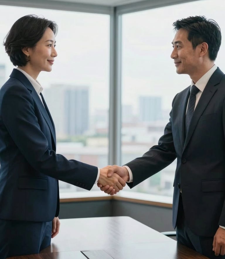 A professional North American male and female executive in business attire shaking hands in a bright, modern boardroom. The background features large windows with a view of an urban landscape. The mood is trustworthy and sophisticated, with color accents in deep navy and muted blue.