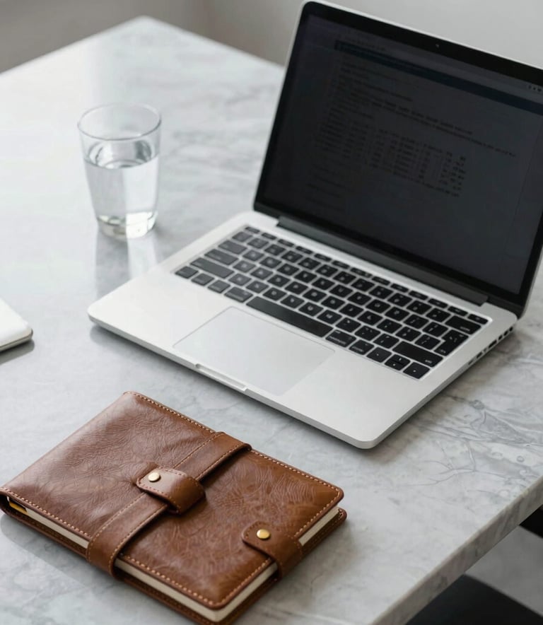 A clean, high-end desk setup in a Kirkland, Washington financial office. A silver laptop, a leather planner, and a glass of water sit on a light gray marble surface. The lighting is soft and natural, emphasizing a calm and organized workspace.