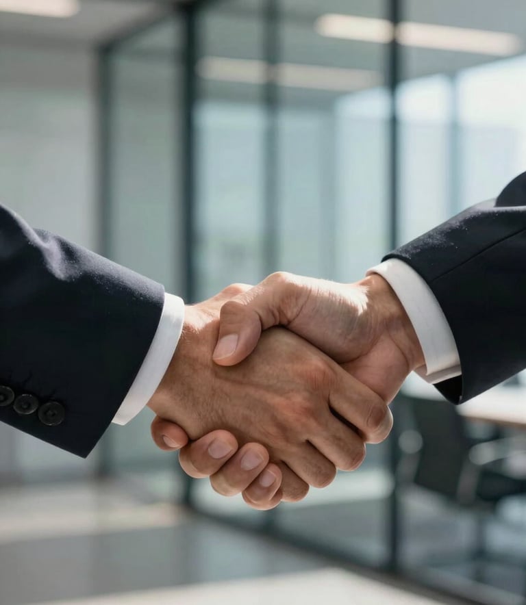 A close-up photograph of a professional handshake in a sunlit, modern North American office. The focus is on the firm grip, conveying trust and partnership. The background shows a blurred glass wall reflecting light gray and medium blue tones from the office interior.