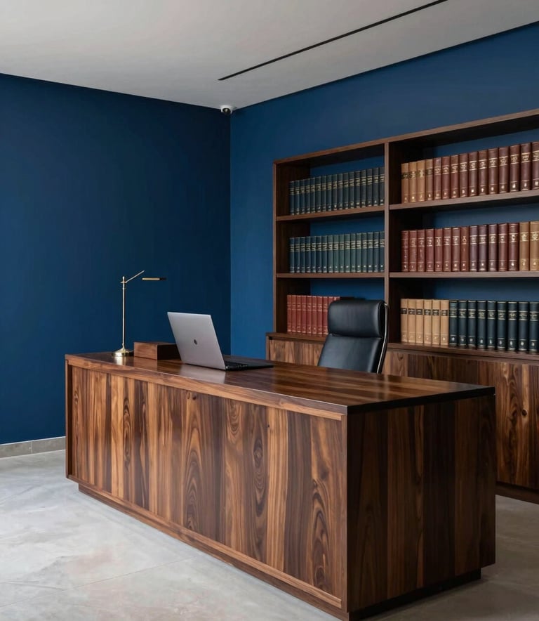A wide-angle professional photograph of a contemporary Brazilian law firm interior. The decor is minimalist with deep blue accents, high-quality dark wood furniture, and a shelf of leather-bound books, conveying gravitas and reliability.