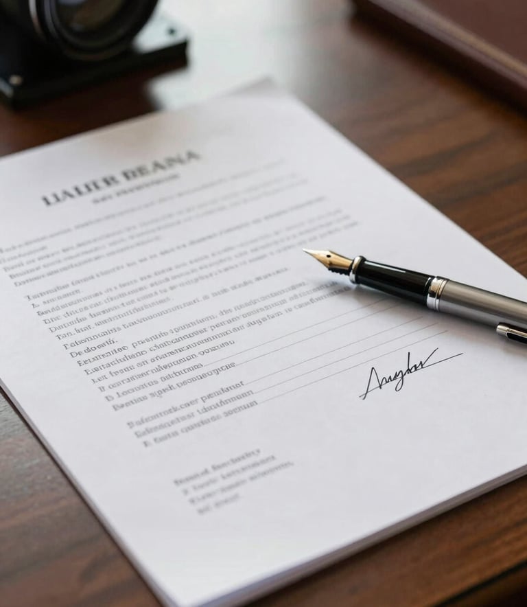 Close-up of signed legal documents and a fountain pen on a polished desk in a South American law office, with soft natural light highlighting textures of the paper.