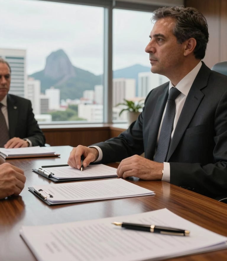 A close-up photograph of a formal legal meeting in a high-end Brazilian office. A wooden table with documents and a fountain pen, with soft natural light entering from a large window showing a South American urban skyline.