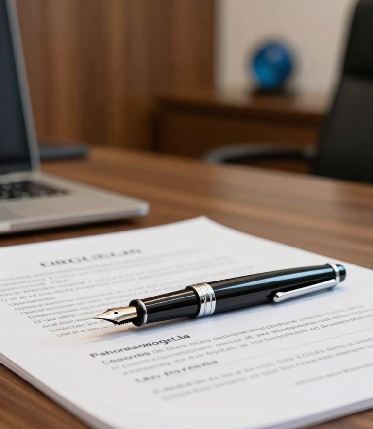 Close-up of a modern Brazilian law office desk featuring a high-quality fountain pen and legal documents. The lighting is soft and professional, with a background of wood panels and a subtle blue accent from a decorative office item.