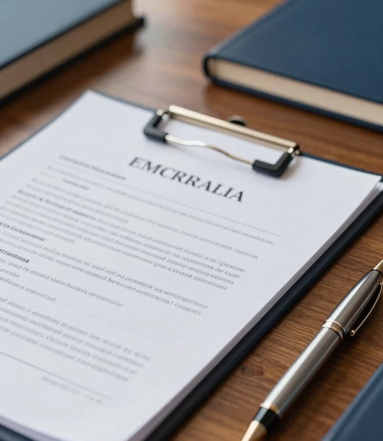 Close-up photography of a professional desk in a South American law firm. A legal document and a sleek pen are visible. Soft, warm lighting reflecting off wooden surfaces and dark navy blue office items.