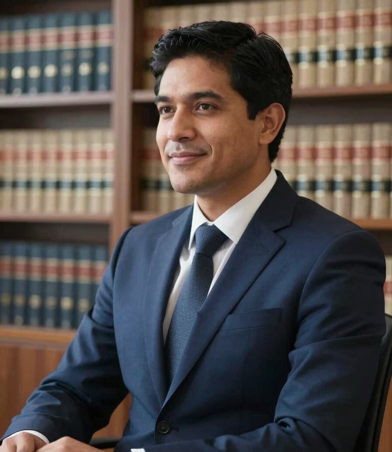 A professional South American lawyer in a dark blue suit sitting in a bright, modern office, looking confident and empathetic, with shelves of law books visible in the soft-focus background.
