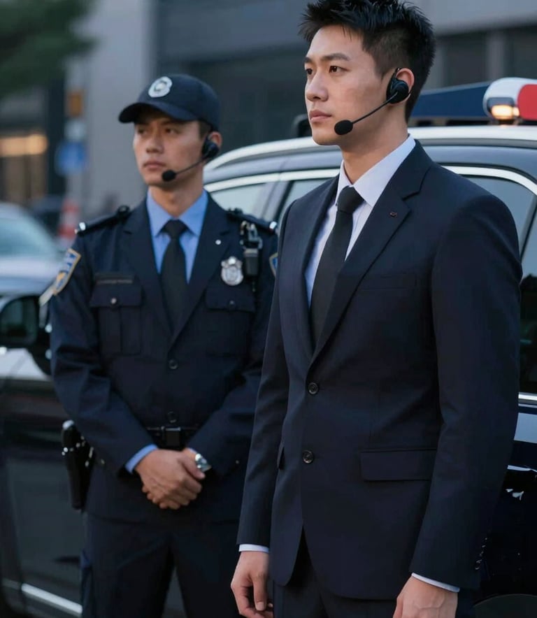A professional security detail in sharp, dark suits with discreet communication earpieces, standing beside a premium black vehicle. The scene is shot in a sleek urban setting at dusk, with a mood of quiet strength and absolute vigilance, incorporating #0A1C29 and #6B9CBF tones.